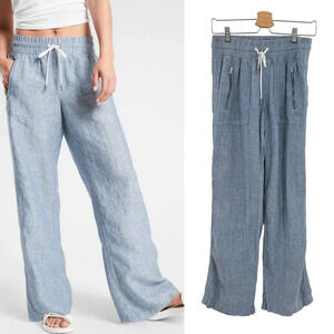 Athleta Cabo Linen Wide‎ Leg Pant Chambray Blue Size 0